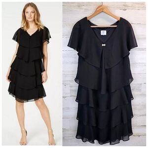 Patra Tiered Ruffled Chiffon Cocktail Dress Sz Large Black Rhinestone Old Money